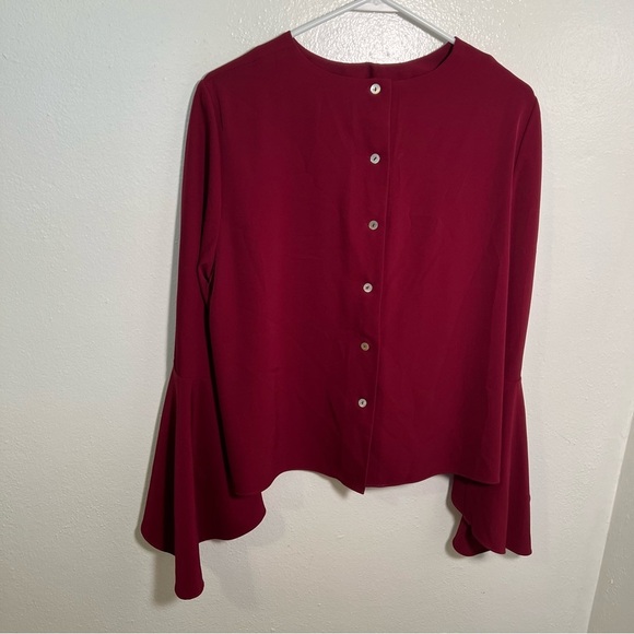 Carmen Marc Valvo Burgundy Blouse Bell Sleeve Button Back 10 - Picture 5 of 10